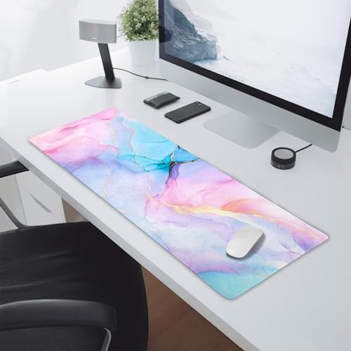 Marble Mouse Pad Pink Purple Blue Extended Desk Mat Textured Large XL Mousepad Non-Slip Rubber Base Stitched Edge Long Keyboard Pad for Desktop Gamin