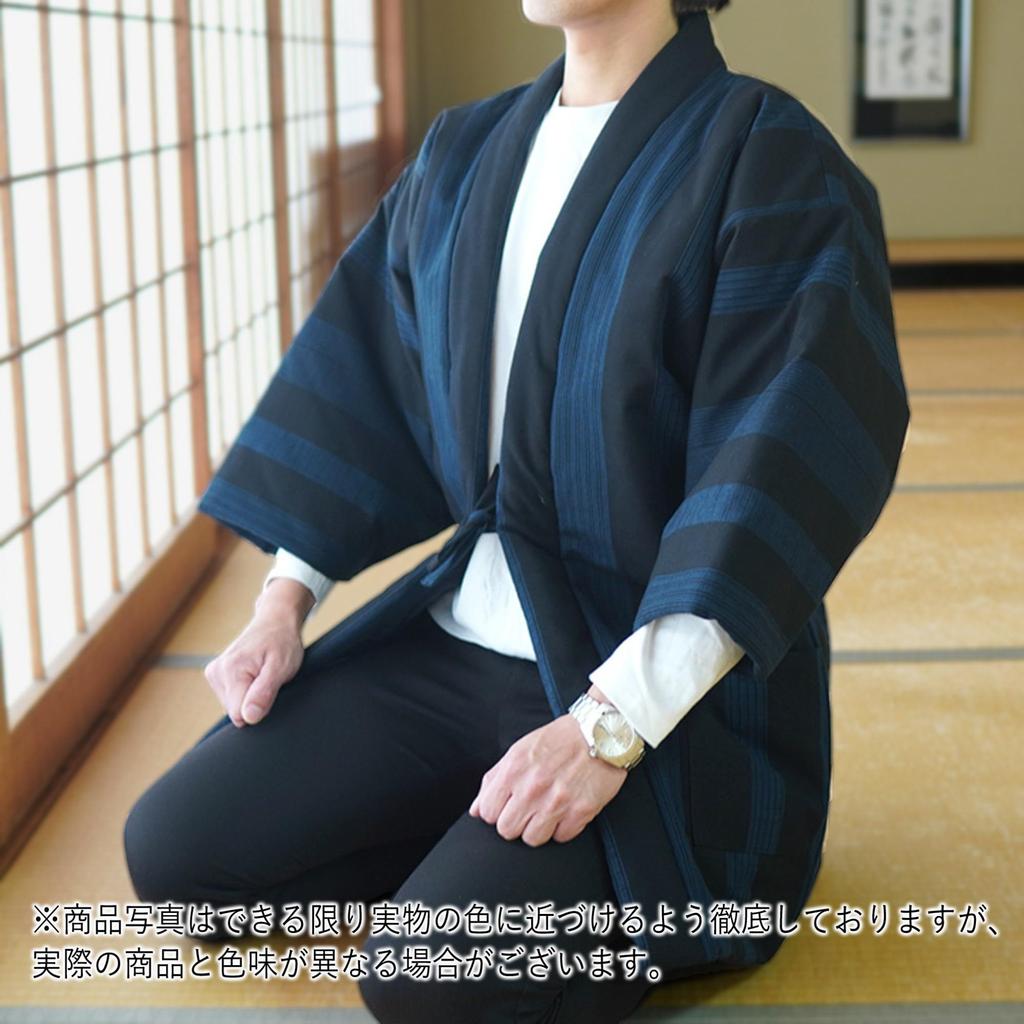 Мужской ханьтэн Morioru Kurume, плетеный (Хантен), Темно-синий/В полоску, Сделано в Японии, Можно стирать, Стеганая подкладка, Экологичный, Дотэра/Донбуку