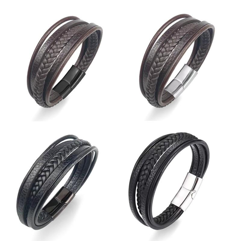 Minimalist Stainless Steel Leather Braided Bracelet Men Women Couple Geometric Layered Wristband Fashion Accessory