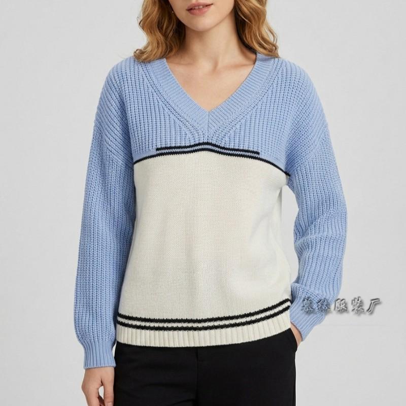 2026 Color Block V Neck Sweater Loose Fit Pullover Knit Top Women