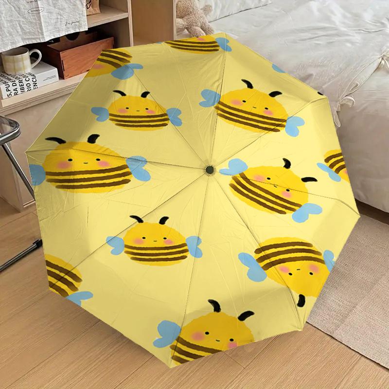 Cute Bee Print Automatic Opening/Closing Umbrella with Foldable Design, Iron Frame, Outdoor Use, Festival Gift, Suitable for Fans, Travel, D
