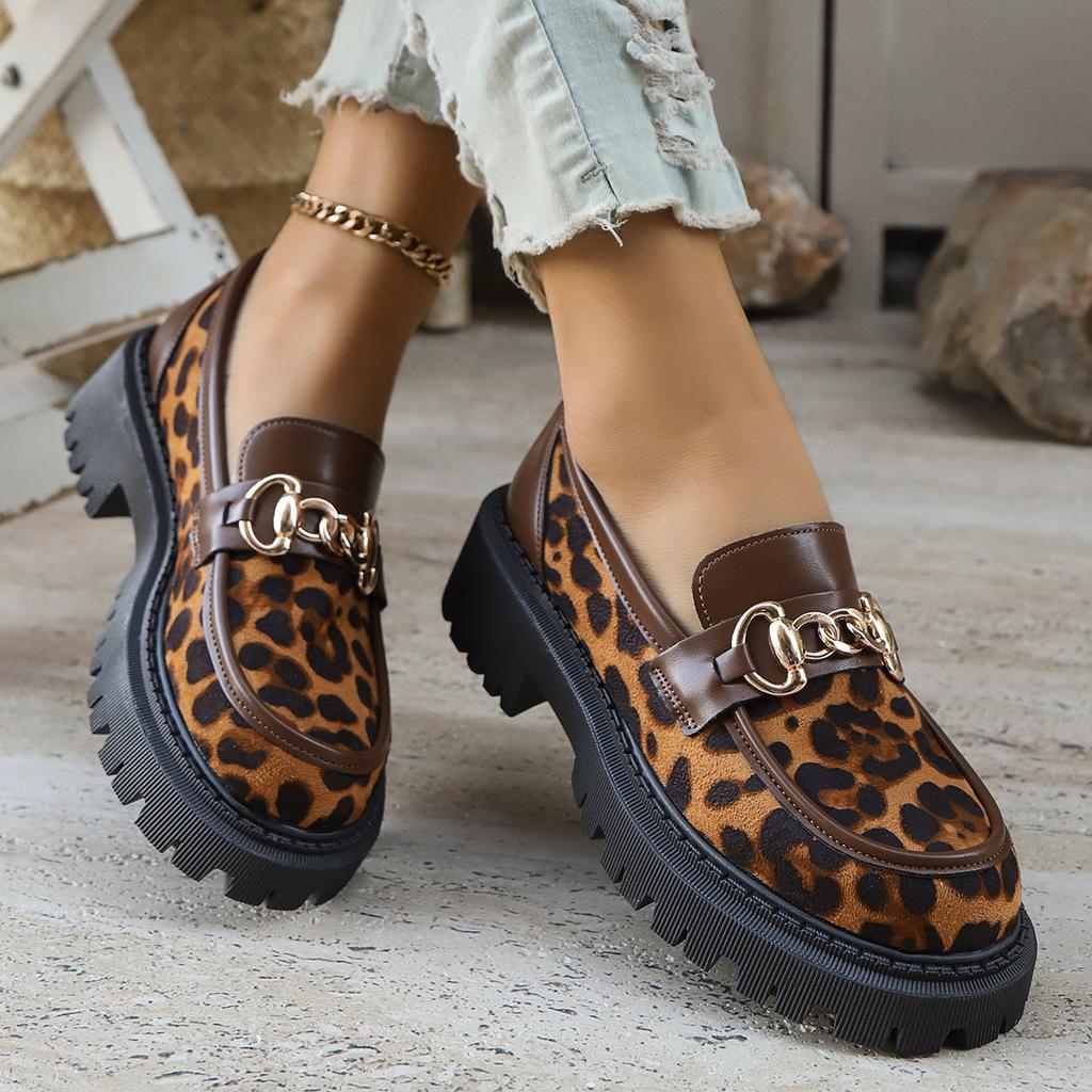 Fashion Leopard Print Women's Shoes 2025 Spring New Platform Anti Slip Metal Decorative Loafers Retro Comfortable Outdoor Casual Shoes