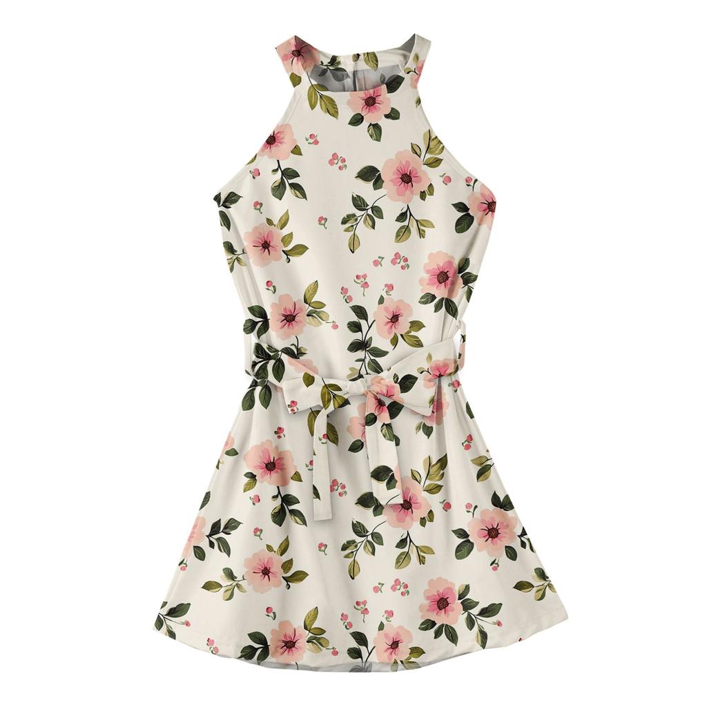 Летнее платье для девочек Платье без рукавов на бретельках Однотонное платье без рукавов с принтом Повседневное платье