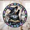 2D Flat, Halloween Witch and Black Cat Stained Glass Catcher - Round Acrylic Hanging Ornament for Home, Party or Bar Decor