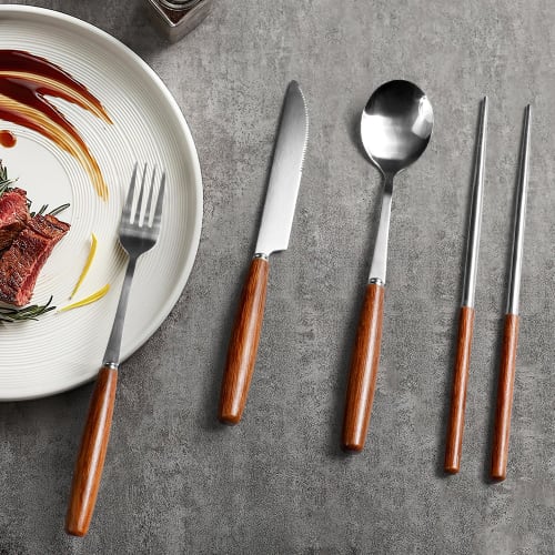Stainless Steel Cutlery Set for Two, Featuring Chopsticks, Knives, Forks, and Spoons, Includes a Wooden Handle. 8-piece Set with Case. Perfect for Out