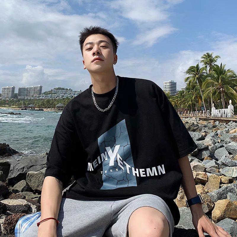 2024 Summer Short Sleeved T-Shirt For Men'S Trendy Five Inch Sleeve Versatile Casual Loose Student Half Sleeved T-Shirt Daily Fashion Printed Top