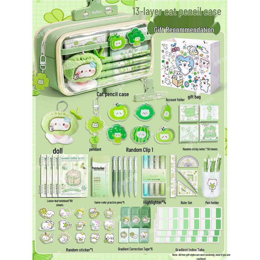 2026 Four-Leaf Clover Cat 13-Layer Large-Capacity Pencil Case: High-Value Stationery Set for Girls