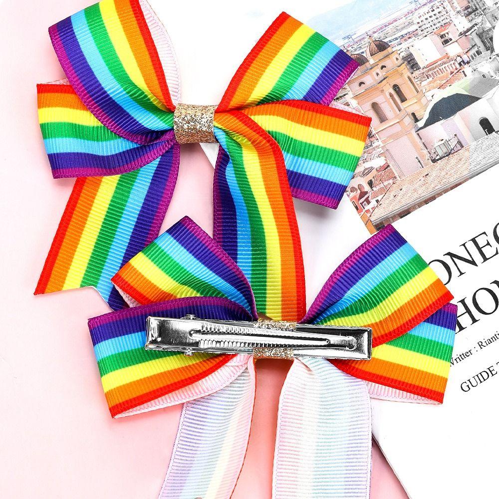 Jumbo Large Rainbow Hair Bow Ties Not Harm Ponytail Pigtails Holders Rainbow Hair Clips Holiday