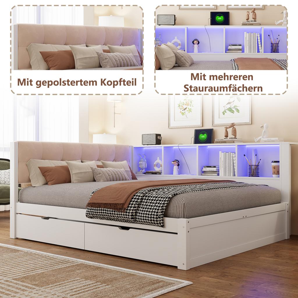 Daybed, 140x200cm, Single Bed (Without Mattress), with Drawers, with Dimmable LED Strip, with Practical Shelf, with USB Port, Pine Wood, White