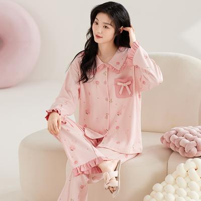Женский хлопковый пижамный комплект осень-зима с отложным воротником, симпатичная пижама в стиле принцессы, женская домашняя одежда с длинным рукавом