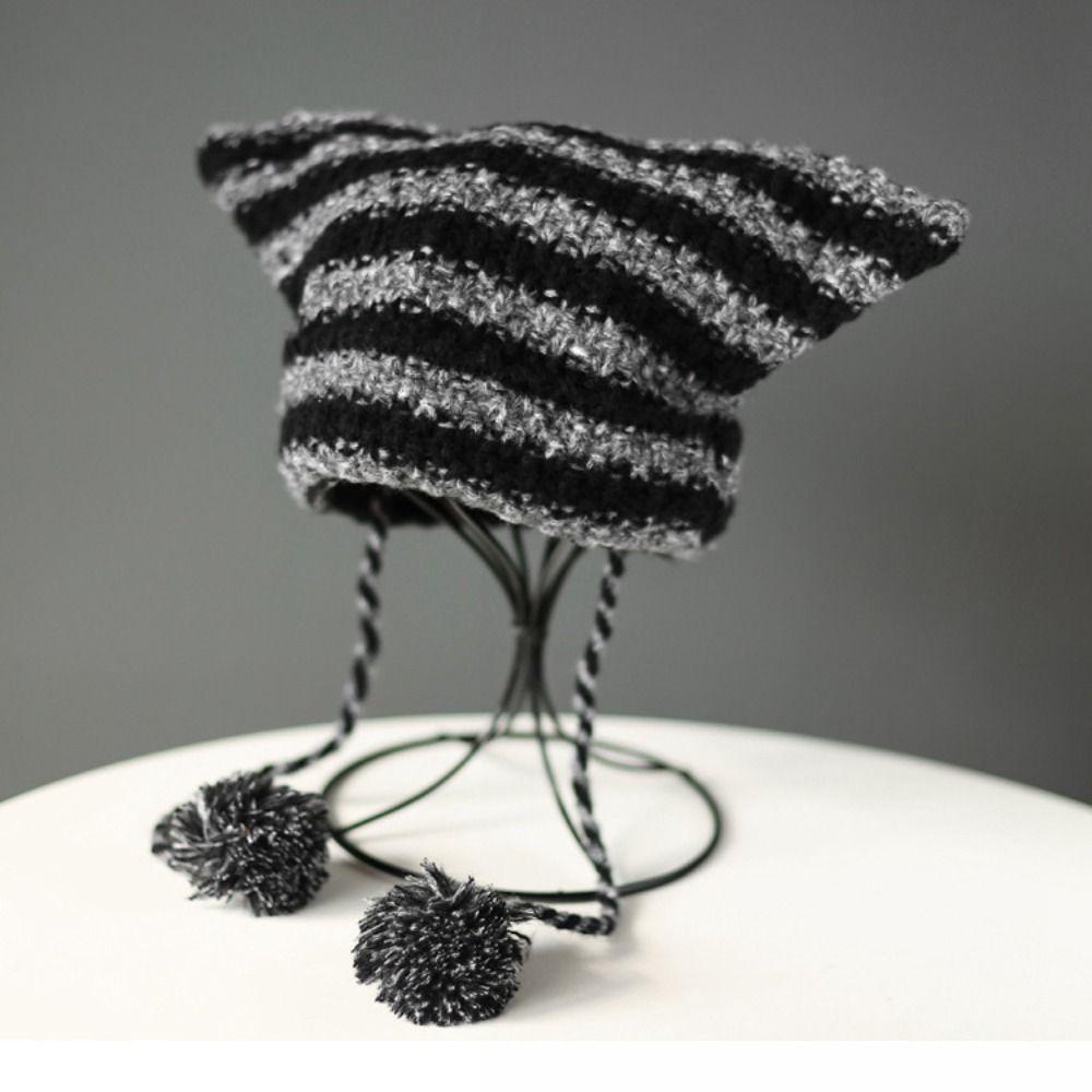 Hats Autumn Winter Pointed Pullover Striped Ins Little Devil Japanese Beanie Hat Knitted Wool Cap