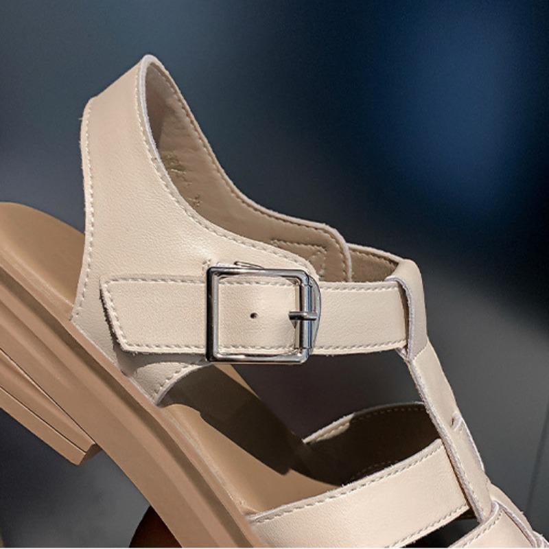 Ретро плетеные римские сандалии Мягкая подошва Ниша Толстая подошва Низкий каблук Полые свиные клетки Туфли из натуральной кожи Женские туфли