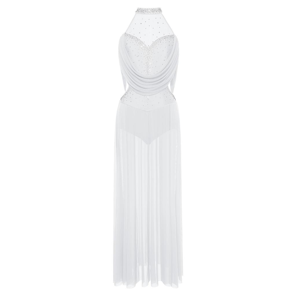 Womens Sparkly Rhinestones Halter Sleeveless Backless Maxi Long Dress Built In Briefs Dance Costume