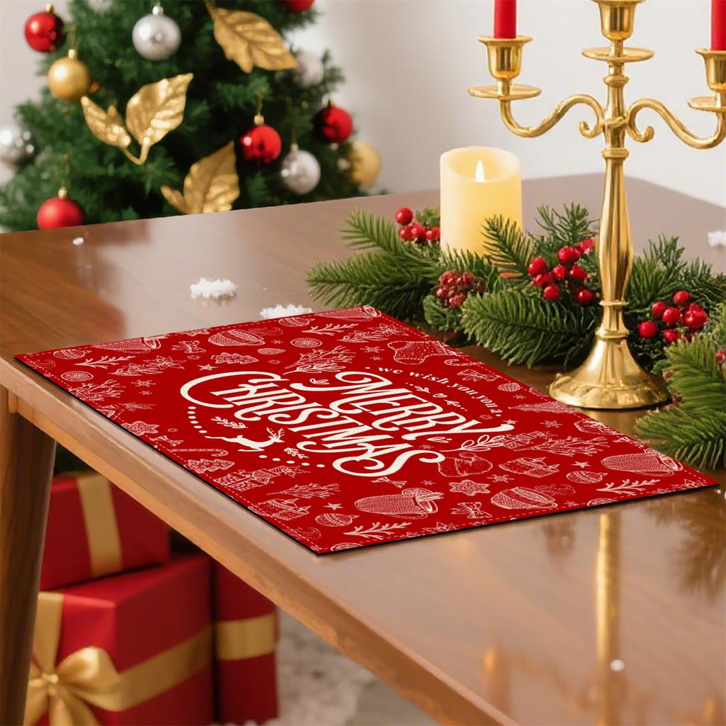 4 or 6pcs Christmas Placemats Suitable for Table Setting - Red Background with White Candles, Hats, Flowers, Bows & Holly Berries - Hand Washable Tabl