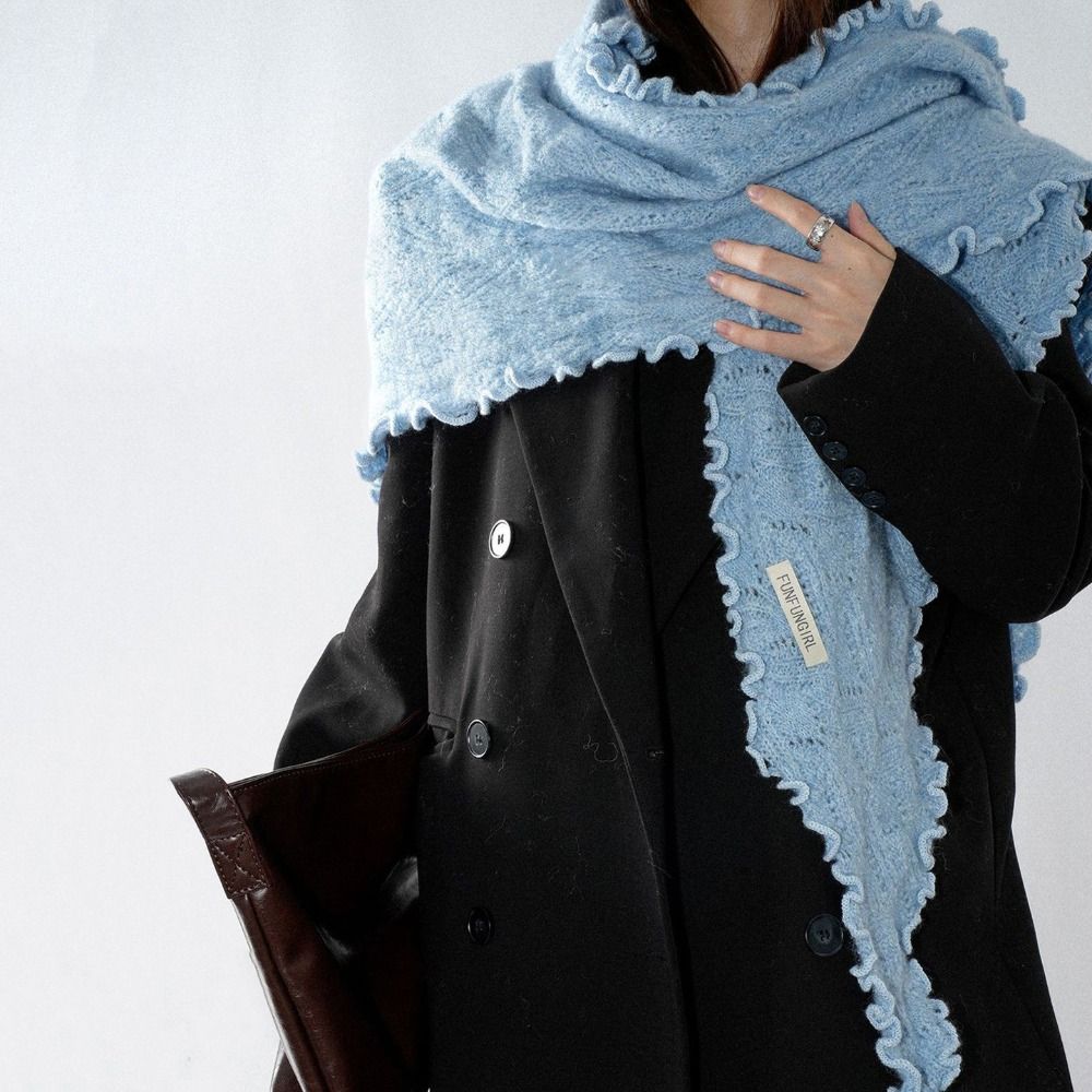 Ruffled Edge Shawl Wrap Soft Breathable Hollow Scarf Knitting Triangle Scarf  Spring Autumn Winter