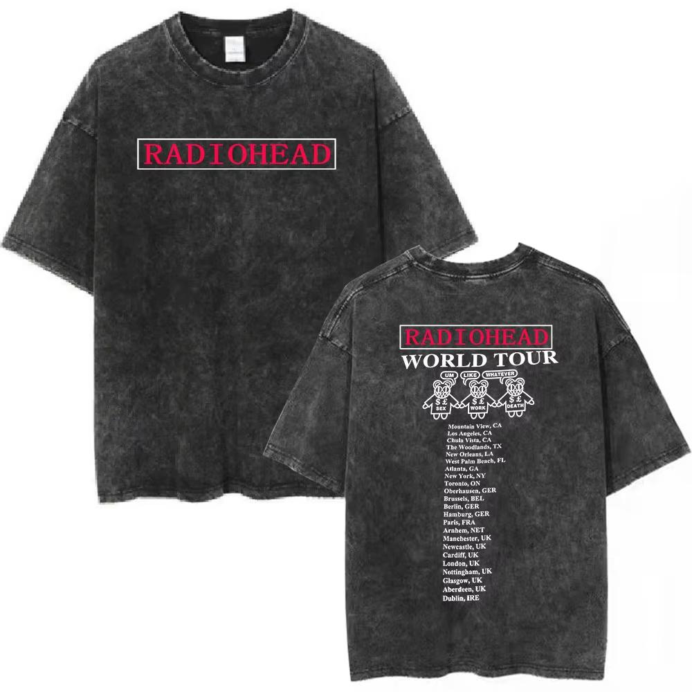 Radiohead Rock Band OK Computer Vintage Washed Tshirts Men Women Fashion Hip Hop T Shirt Cotton Casual Tshirts Streetwear