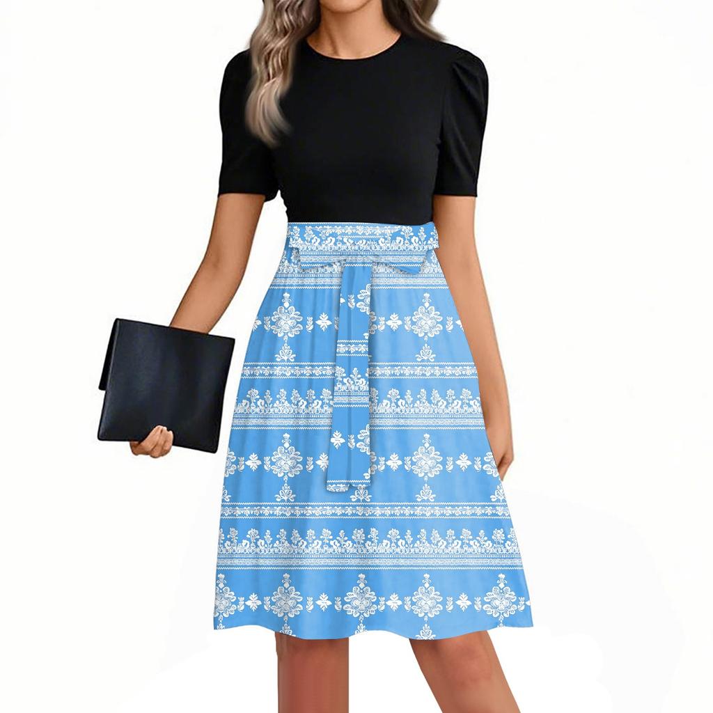 Women's Fashionable Casual Belt Short Sleeved Round Neck Printed Patchwork Dress