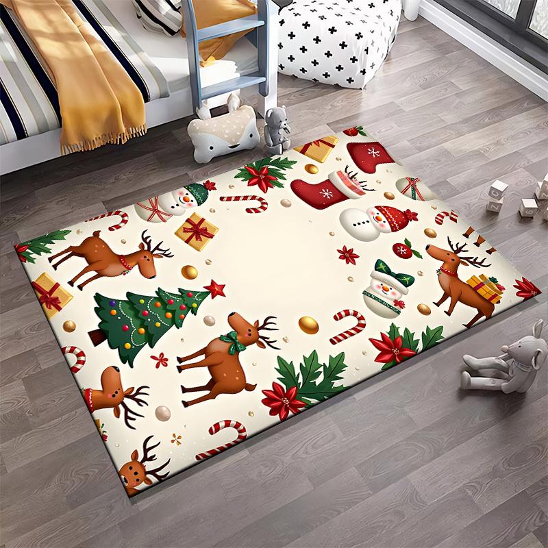 Festive Reindeer & Snowman Christmas Theme Non-slip rug suitable for living room and bedroom sofas.