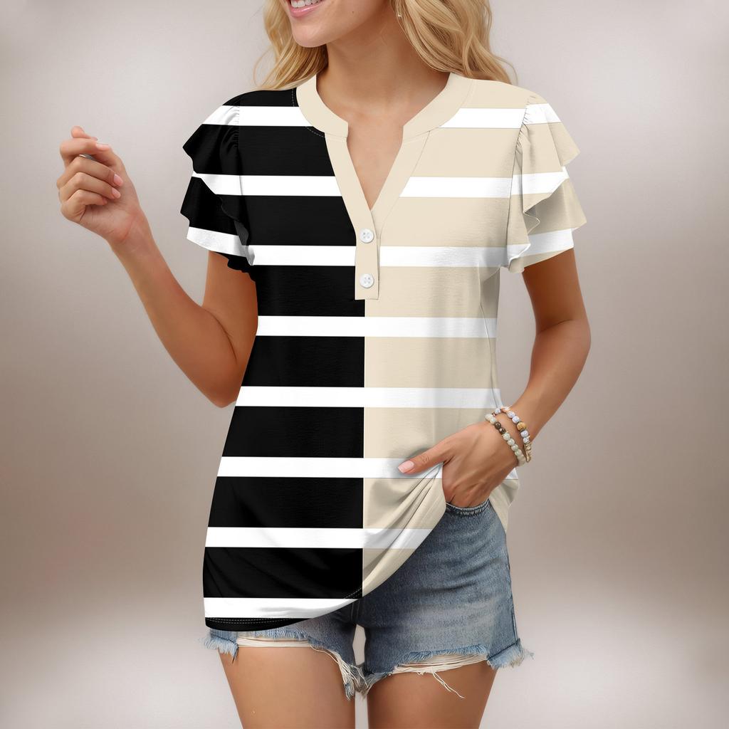 Женский повседневный топ с короткими рукавами и V-образным вырезом, с оборками и градиентом