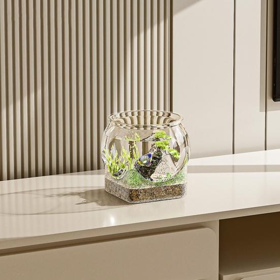 Clear Fish Bowl for Betta Fish Golden Fish Turtle Plastic Betta Fish Tank Desktop Round PET Aquarium for Home Office Decor