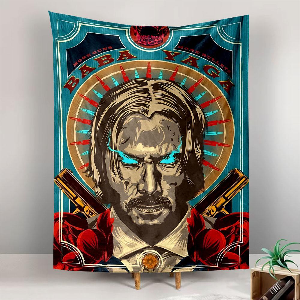 Fiery-eyed figure with a halo of bullets, guns, and rose accents. Patterned tapestry for bedroom and living room home decor