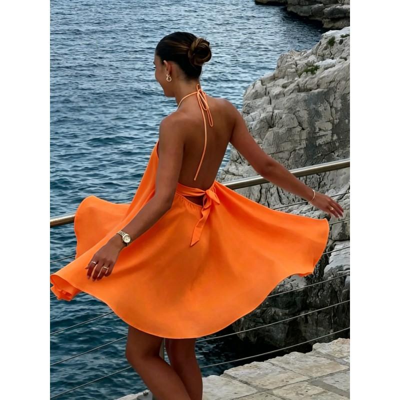 Womens Loose Beach Dress Solid Color Halter V Neck Backless Short Vacation