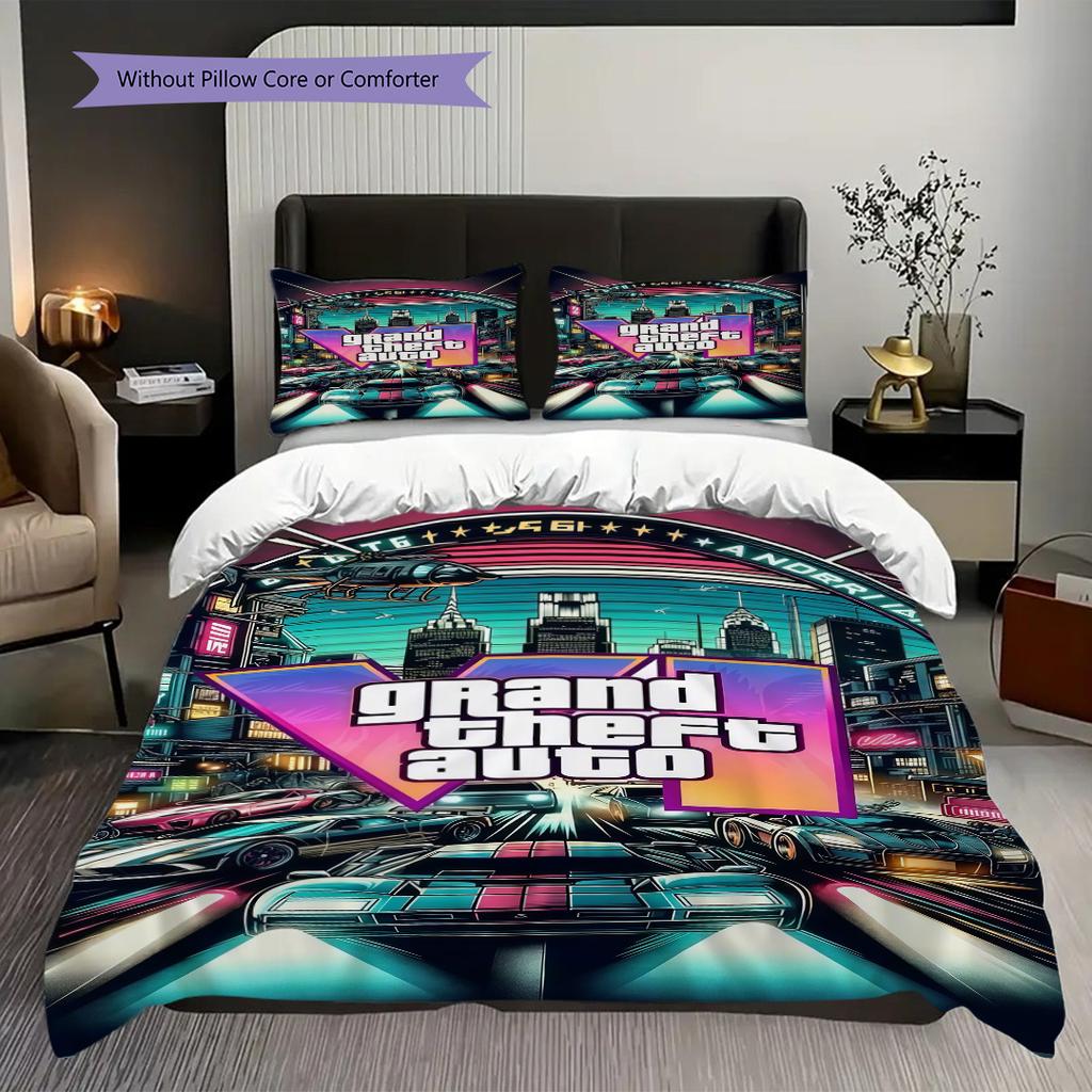 Grand Theft Auto Neon Cityscape Threepiece Set 1 Duvet Cover 2 Pillowcase Without Core Soft And Comfortable Bedding Set