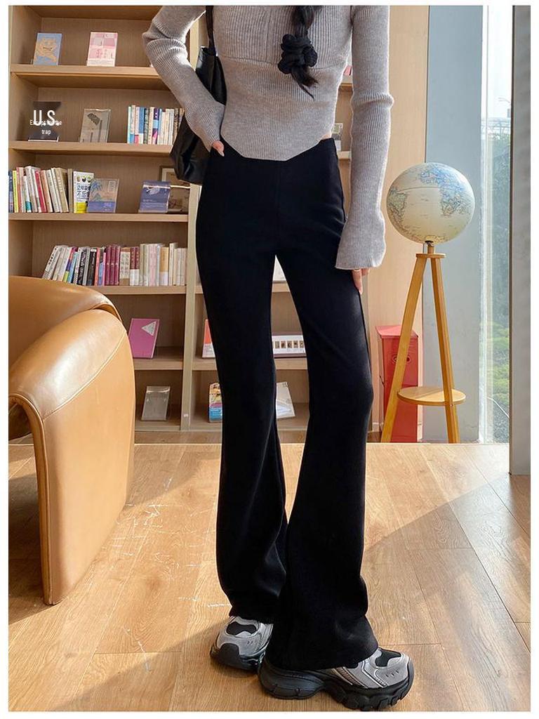 Женские брюки клеш на флисовой подкладке - С высокой посадкой, Облегающие, Трикотажные Повседневные для осени и зимы 2024