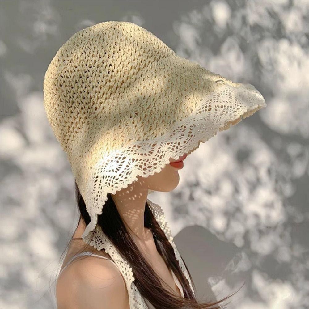 Foldable Lace Trim Hats Sun Protection Straw Sun Visors High Quality Straw Hat Women Girls