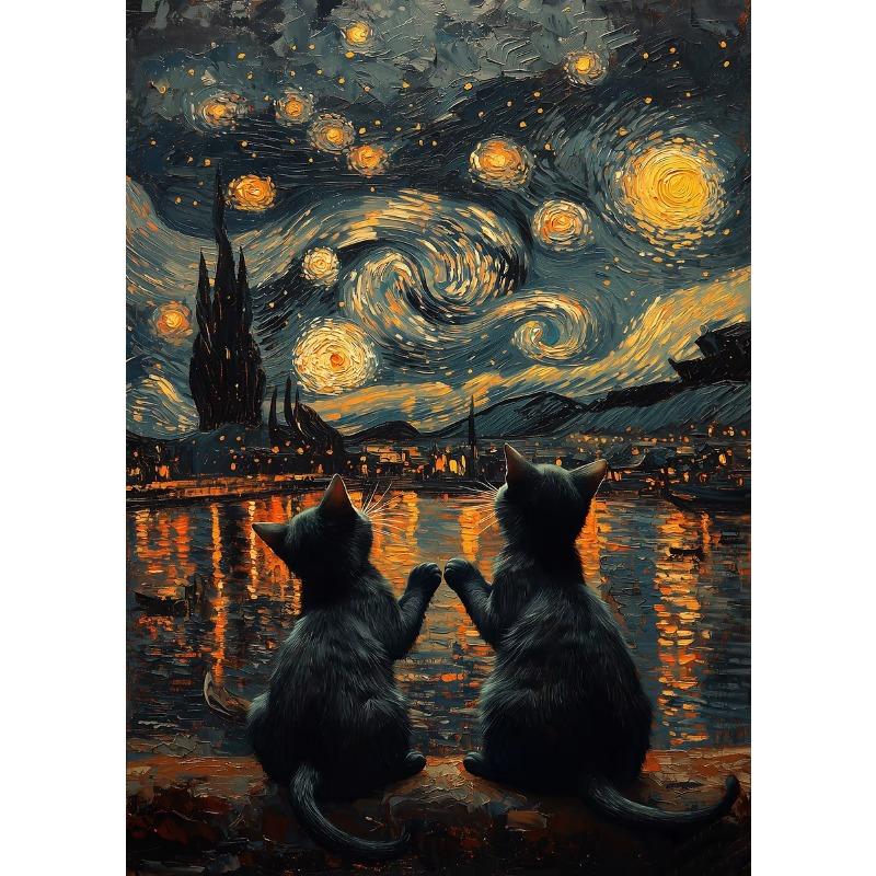 Черный кот под небом Серия «Звездная ночь» Тематическая печать на холсте Модные популярные цвета Фреска Студия Домашнее украшение Искусство Подарки