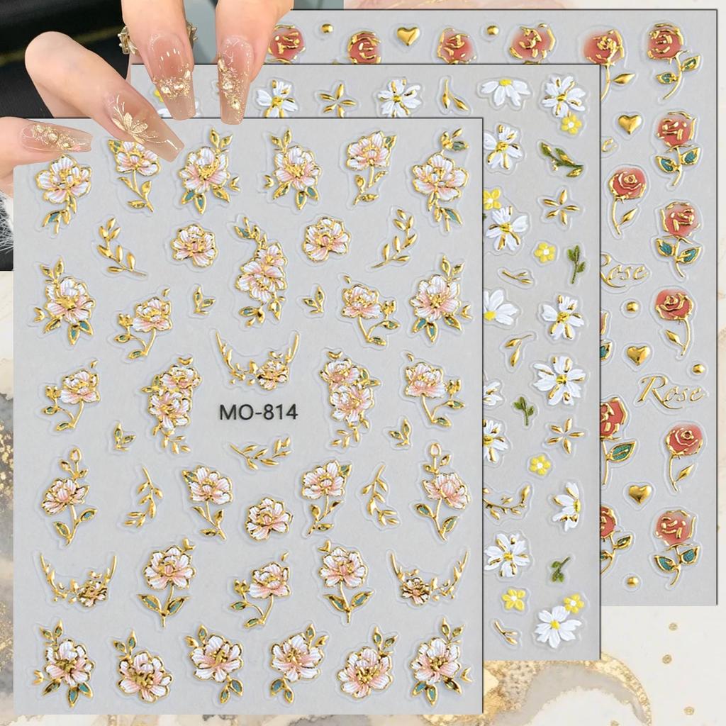3 to 15 Sheets 5D Embossed Gold Outline Flower Nail Stickers Rose Daisy Spring Blossom Self-Adhesive Floral Decals