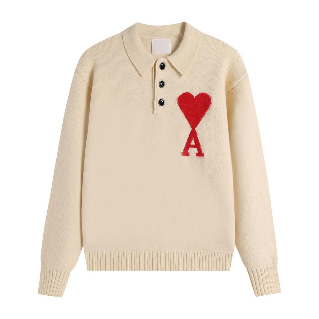 Unisex Polo Collar Knit Sweater Multi Colors with Heart & A Embroidery Casual Button Pullover for Men Women