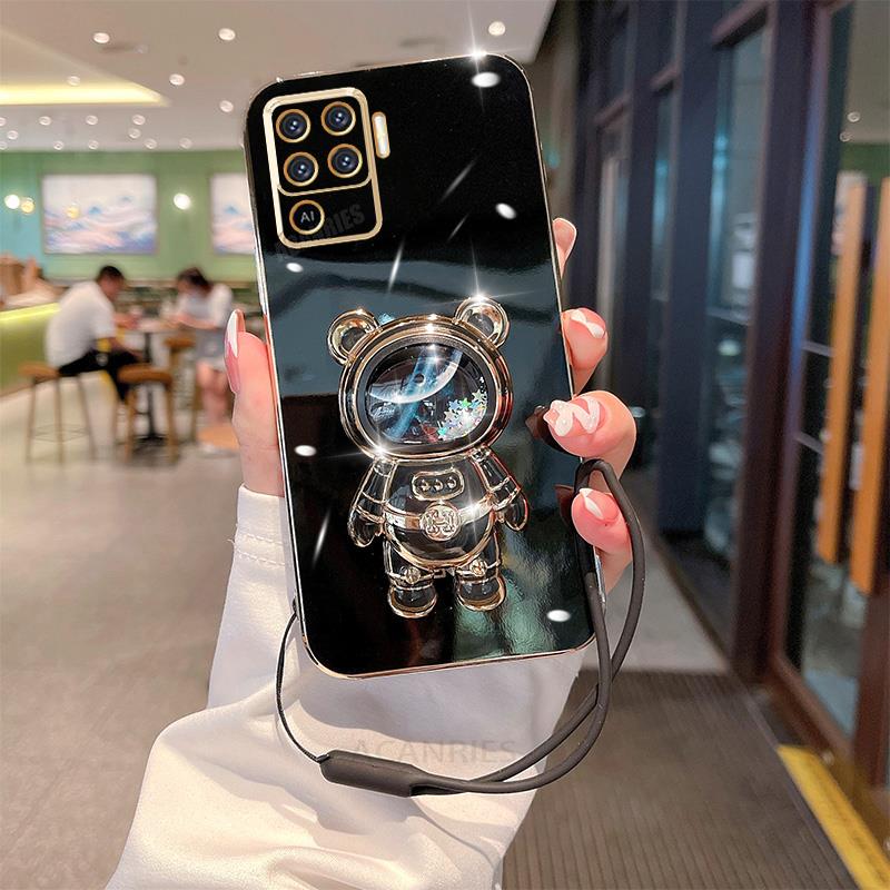 Чехол Reno5lite Glitter Astronaut Holder с покрытием из силикона для Oppo Reno 5 6 7 8 Lite 5lite 8t Reno7 A54 A74 4g 5g с ремешком