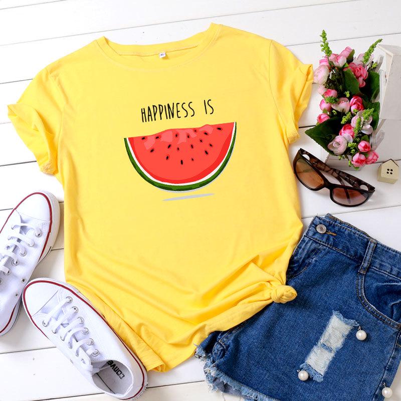 Happiness Is Watermelon Printed Short Sleeved Women S T Shirt Casual Soft Female T Shirt Women