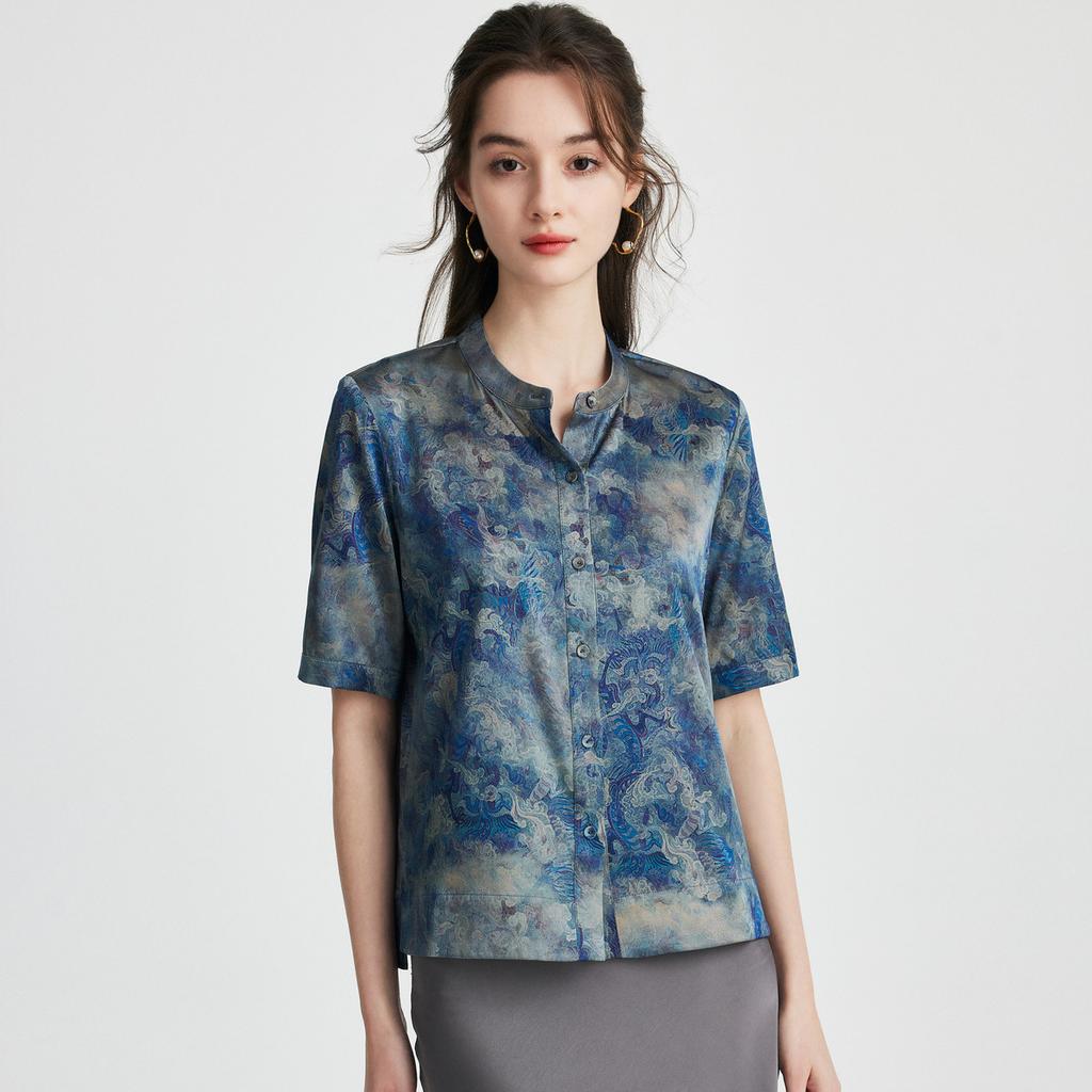Mother's Day Chinese Classical Style: Spring/Summer Round Neck Printed Western Style Loose and Skinny Mulberry Silk T-shirt for Women