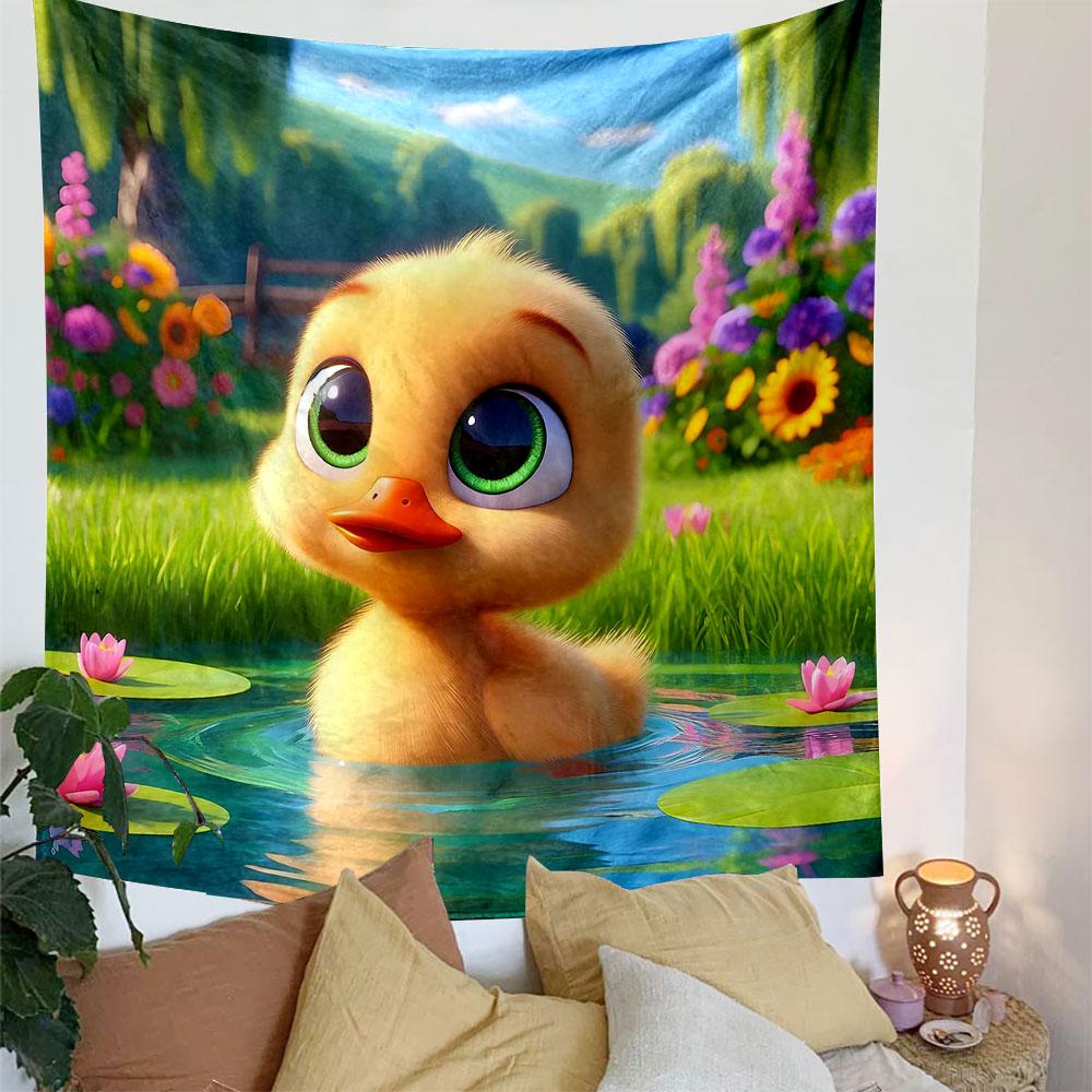 Cute Duckling in a Flower Garden Pond Patterned Tapestry Decorative Wall Hanging, Home Bedroom Living Room Decor