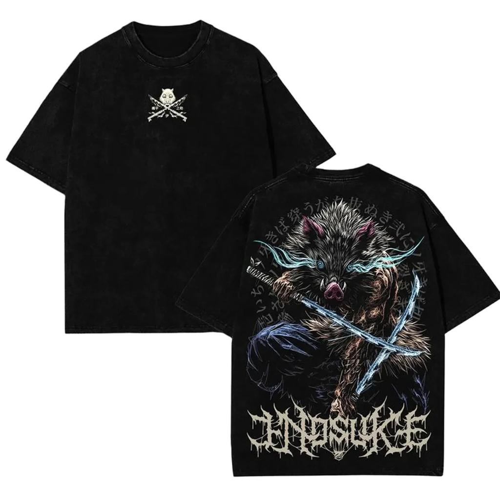 Fashion 2026 Demon Slayer Inosuke Hashibira Beast Breathing Cyan Drip Acid Wash Oversized Black T-Shirt 2026 Summer Streetwear Graphic Tee