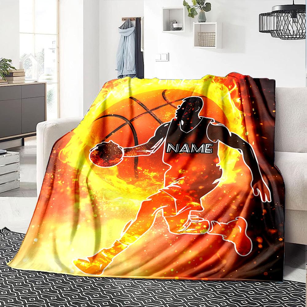 Flaming Basketball Player In Action On Fire Background Multipurpose Customizable Blanket Personalized Text Soft Warm Cozy For Sofa Couch Office Bed