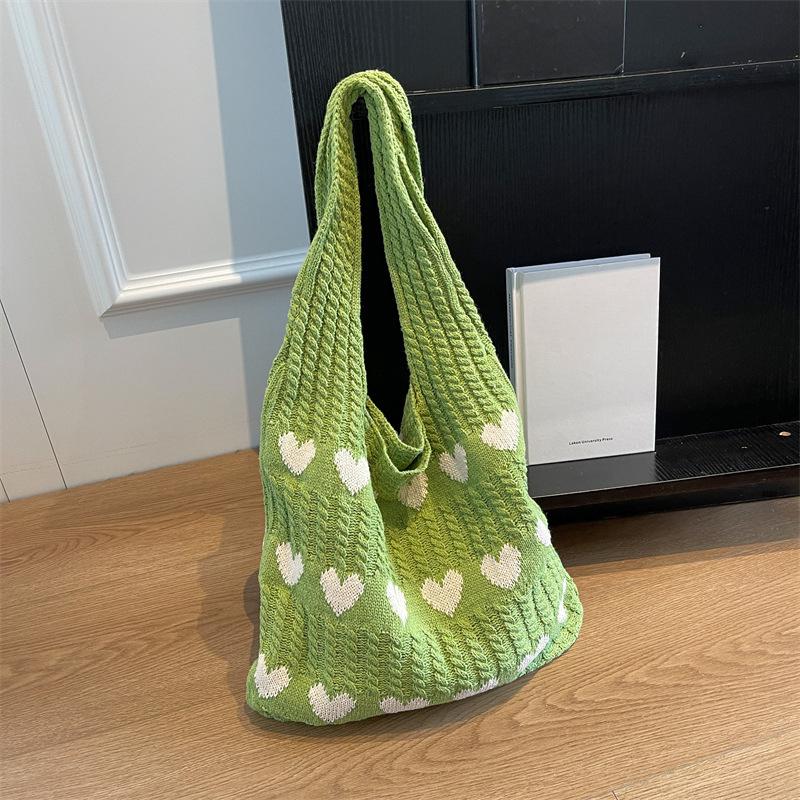 Knitted Handbags Heart Pattern Blocking Crochet Shoulder Bags Large Capacity Fashion Beach Bag Versatile Commute Woven Bag