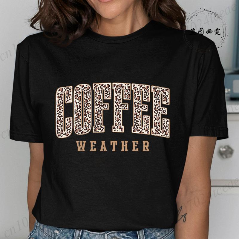 Coffee Weather Retro Letters Tshirt for Women Short Sleeve Round Neck Loose Large Size Casual Top Oversized TShirts Clothing