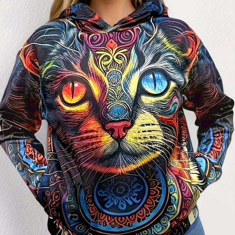 Толстовка с капюшоном и принтом кота по всей поверхности, повседневная толстовка с капюшоном и карманом-кенгуру с длинными рукавами, женская одежда