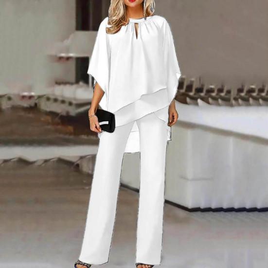 Женский комплект из 2 шт./компл. с вырезом на шее, нерегулярным топом с короткими рукавами и круглым вырезом, брюками, многослойным топом с подолом