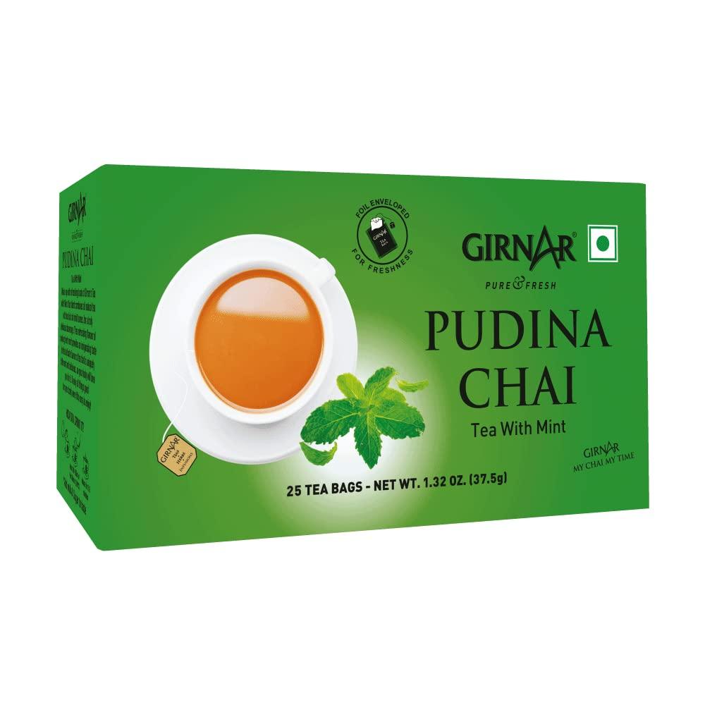 Чай Girnar Pudina Chai Зеленый чай в пакетиках 25 шт. Упаковка 1 шт. | Освежающий мятный травяной чай для снятия стресса