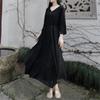 Woman Autumn Solid Color V-Neck Retro Dress Loose Chinese Style Casual Vintage Style Dress
