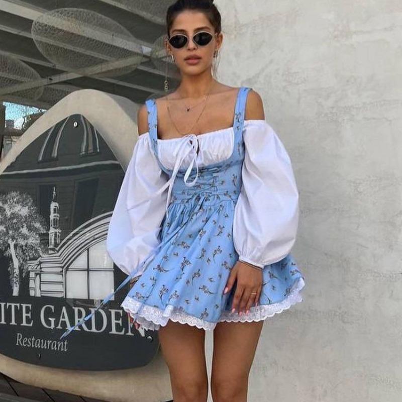 Slimfit сексуальное платье с открытыми плечами и цветочным принтом для женщин, зашнуровать лоскутное мини-платье с длинными рукавами Femme France, винтажное элегантное уличное платье, лето 2024