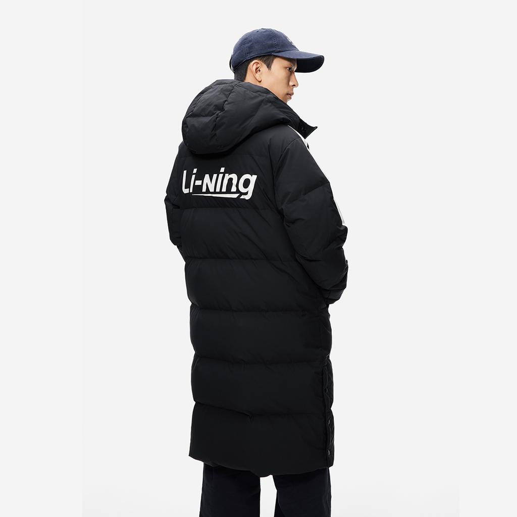 Li Ning Hot Pot Down Series водоотталкивающая дальняя инфракрасная теплая куртка с капюшоном на молнии для отдыха на открытом воздухе повседневная зимняя длинная куртка-пуховик для мужчин верхняя одежда черного цвета AYMU449-4