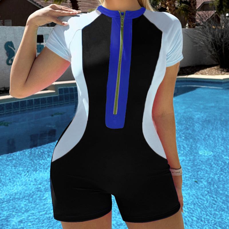 2024 Women's Color Block Sport One-Piece Swimsuit with Tummy Control and Short Sleeves