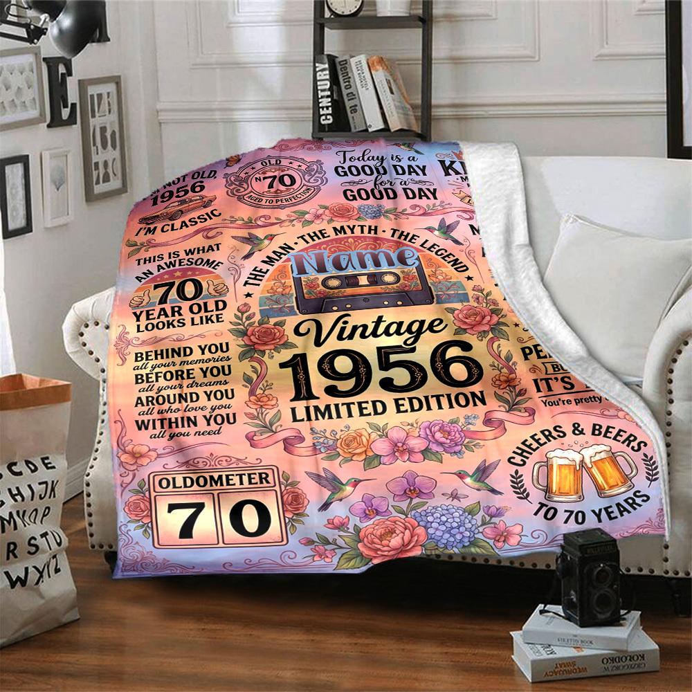 Vintage 70Th Birthday Celebration Blanket Personalized Name Soft Warm And Versatile For Sofa Bed Office And Travel Machine Washable Comfortable In All