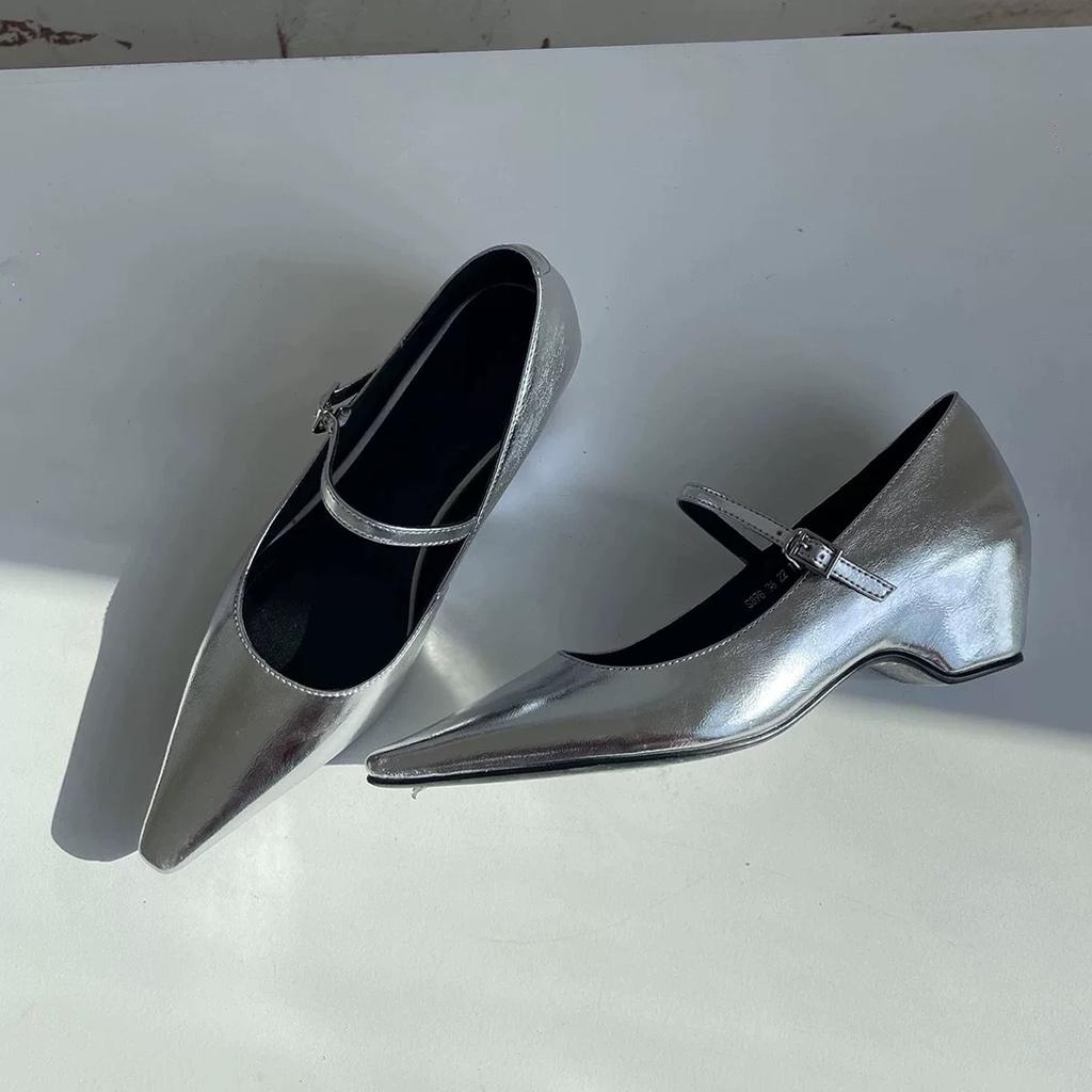 Sheepskin~ French One-word Buckle with Thick Heel Inner Height Increase Mary Jane Shoes Women's Pointed Single Shoes Light Mouth Commuter High Heels