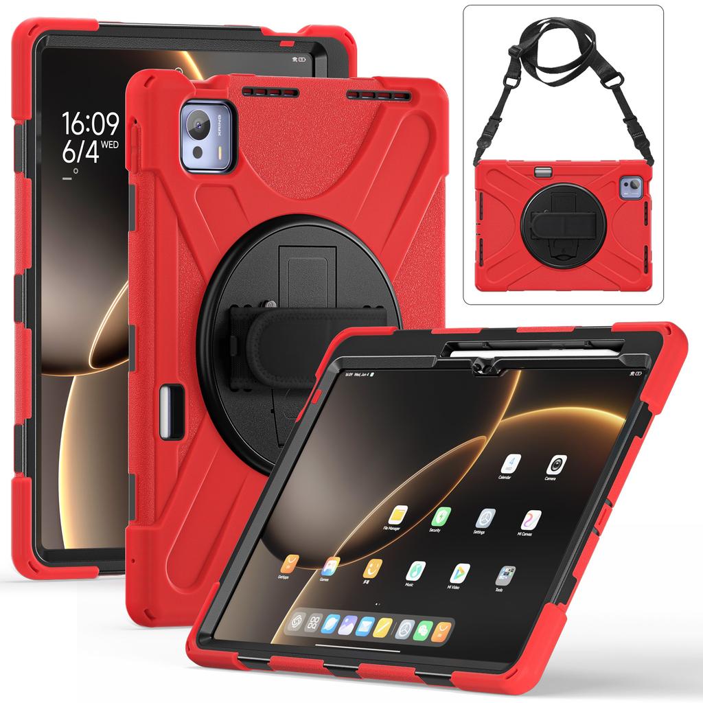 Прочный чехол-подставка для Xiaomi Pad 7 Ultra 2025 14,0 дюйма, вращающийся на 360°, усиленная крышка с ремешком для руки и плечевым ремнем, 3-слойный корпус